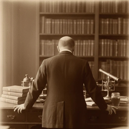 Le Bureau du Conservateur, le ma&icirc;tre des lieux photographi&eacute; de dos &agrave; son bureau